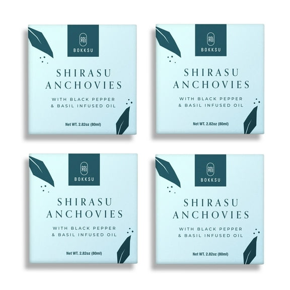 Bokksu Tinned Shirasu Anchovies with Black Pepper & Basil (4-Pack)