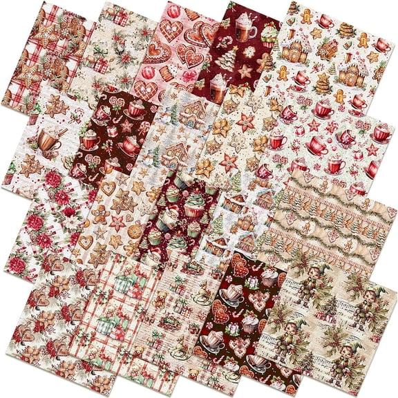 Boklzor 20 Pcs 10''x10'' Christmas Gingerbread Man Quilting Fabric Square Santa Poinsettia Precut Quilted Fabric Bundle Candy Cane Printed Sewing Material for Winter Patchwork DIY Craft Supplies