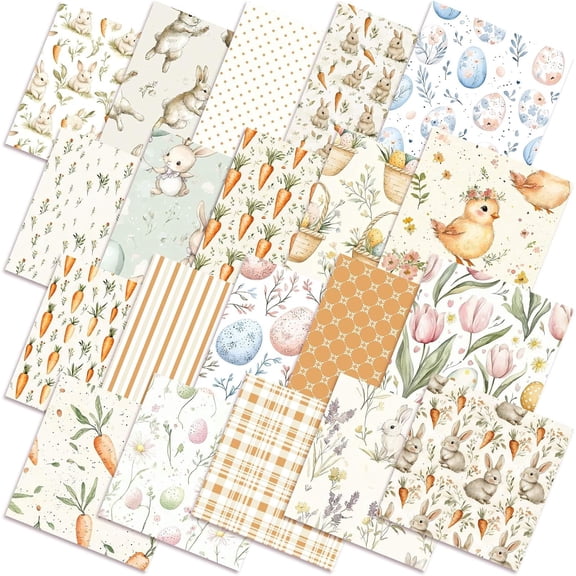 Boklzor 20 Pcs 10''x10'' Easter Quilting Fabric Square Bundle Watercolor Bunny Precuts Quiltted Fabric Carrots Eggs Printed Patchwork Supplies for Patchwork DIY Sewing Craft