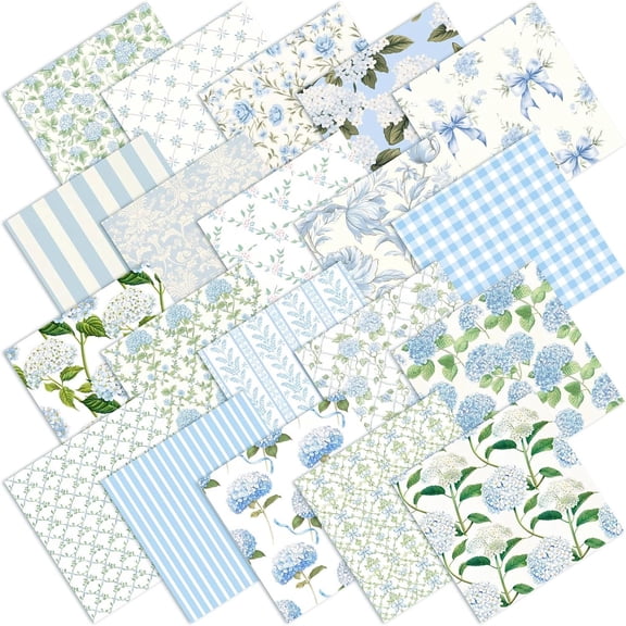 Boklzor 20 Pcs 10''x10'' Hydrangea Quilting Fabric Square Bundle Watercolor Dusty Blue Floral Precuts Quiltted Fabric Printed Patchwork Material Supplies for Holiday Patchwork DIY Sewing Crafts