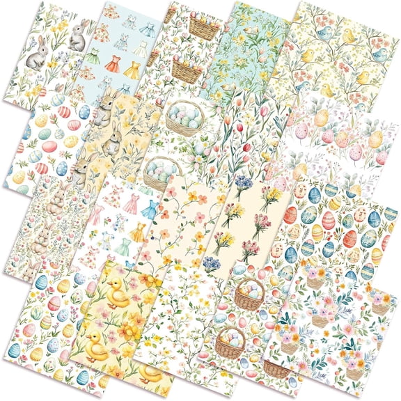 Boklzor 20 Pcs 10''x10'' Vintage Easter Quilting Fabric Square Bundle Pastel Bunny Tulips Precuts Quiltted Fabric Boho Flower Printed Patchwork Supplies for Patchwork DIY Sewing Craft
