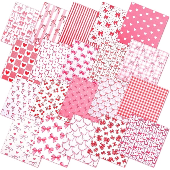 Boklzor 60 Pcs 10 x 10'' Pink Bows Quilting Fabric Squares Valentines Heart Fat Patchwork Precut Strips Plaid Dot Coquette Cherry Fabric Bundles for Valentine's Day DIY Craft Sewing Boklzor Material