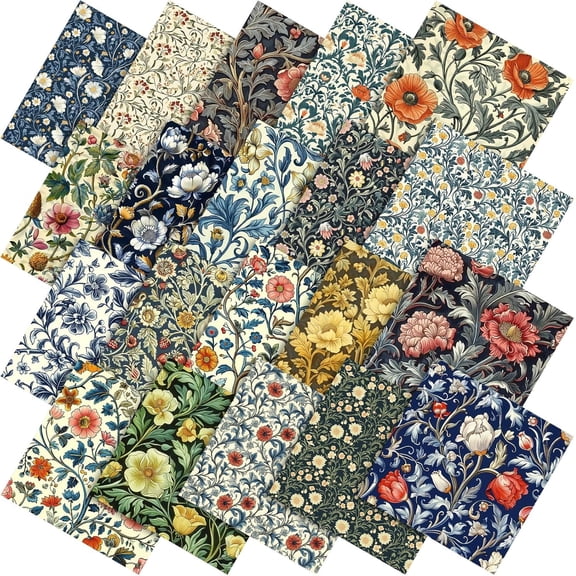 Boklzor 60 Pcs William Morris Floral Quilting Fabric Squares 10 x 10 IBoklzorh Vintage Floral Fabric Bundles Retro Flower Fat Quarters Patchwork Material for Holiday DIY Craft Sewing Quilt Boklzor