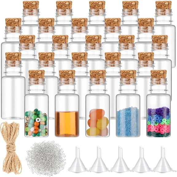 Bokon 25set 10ml Mini Plastic Bottles with Corks Stoppers Eye Screws Funnels Small Potion Tiny Clear Sand Art Jar Wishing Vial for Birthday Party DIY Crafts Gift