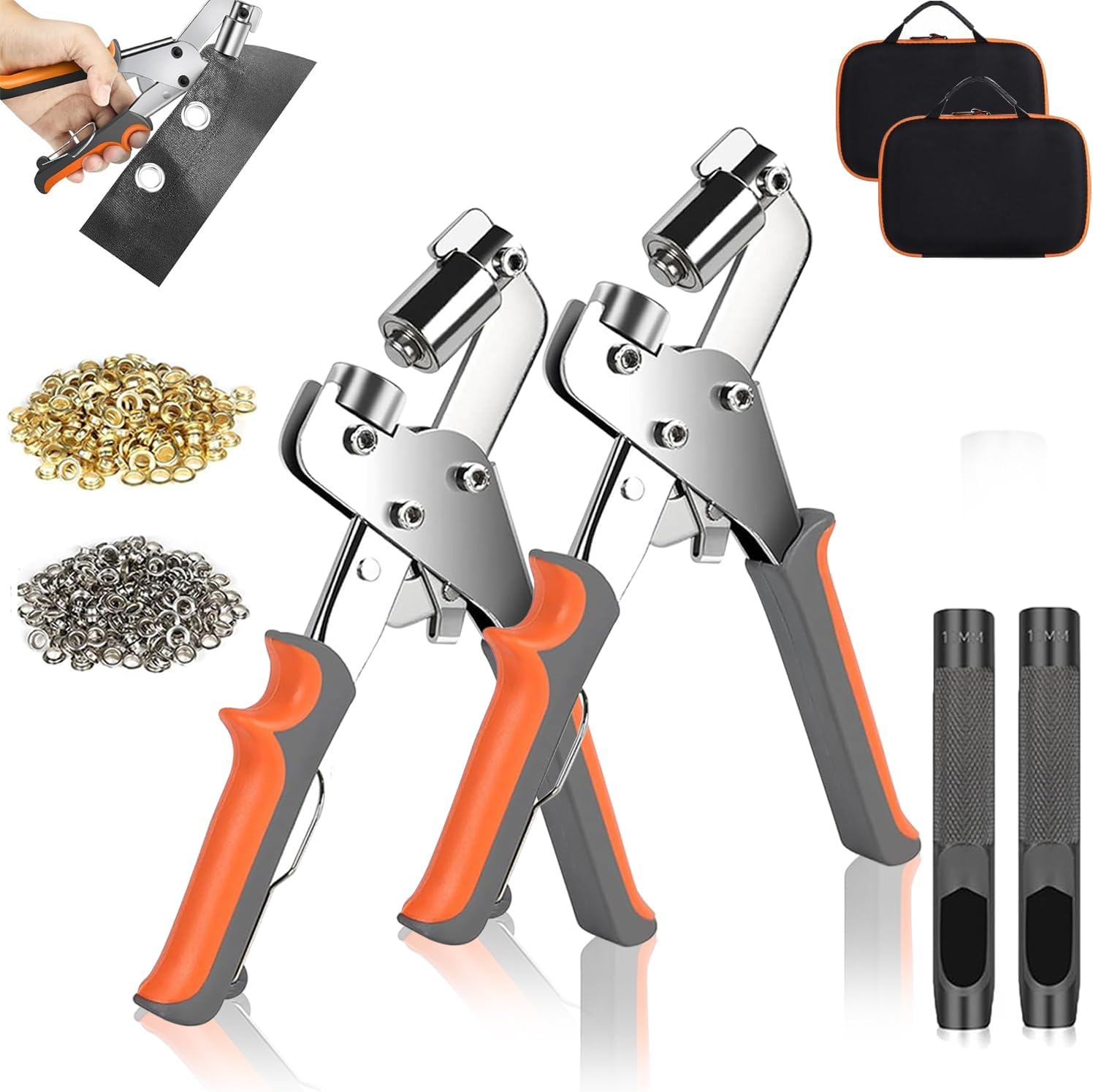 Boksene Eyelet Pliers for Tarpaulins, Boksene Eyelet Pliers Set, 0.39 in/10.5mm Eyelets and Grommets Punch Plier Kit with 100pcs Silver Grommets, for Fabrics, Canvas, Tarpaulin and More (2pcs-B)