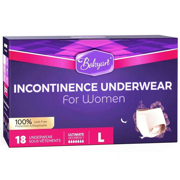 BOKYAN Incontinence Underwear for Women, Adult Diapers, Postpartum Bladder Leak Disposable Underwear, Absorbency, L, 18 Ct