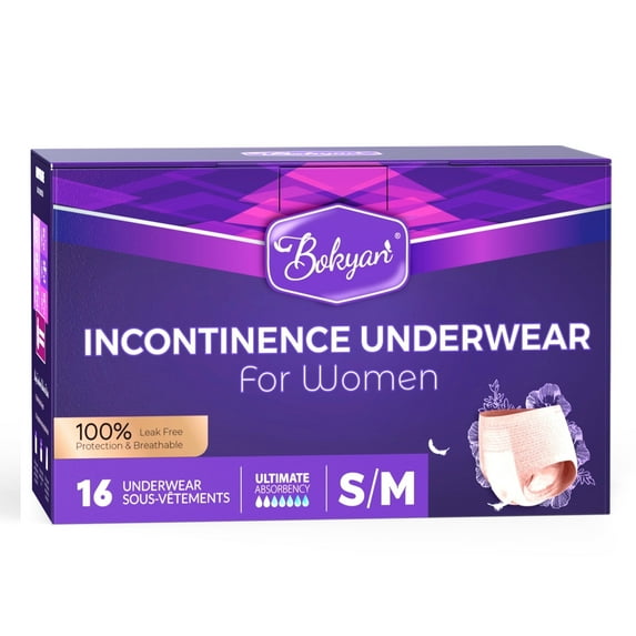BOKYAN Incontinence Underwear for Women, Adult Diapers, Postpartum Bladder Leak Underwear, Absorbency, S/M, 16 Ct