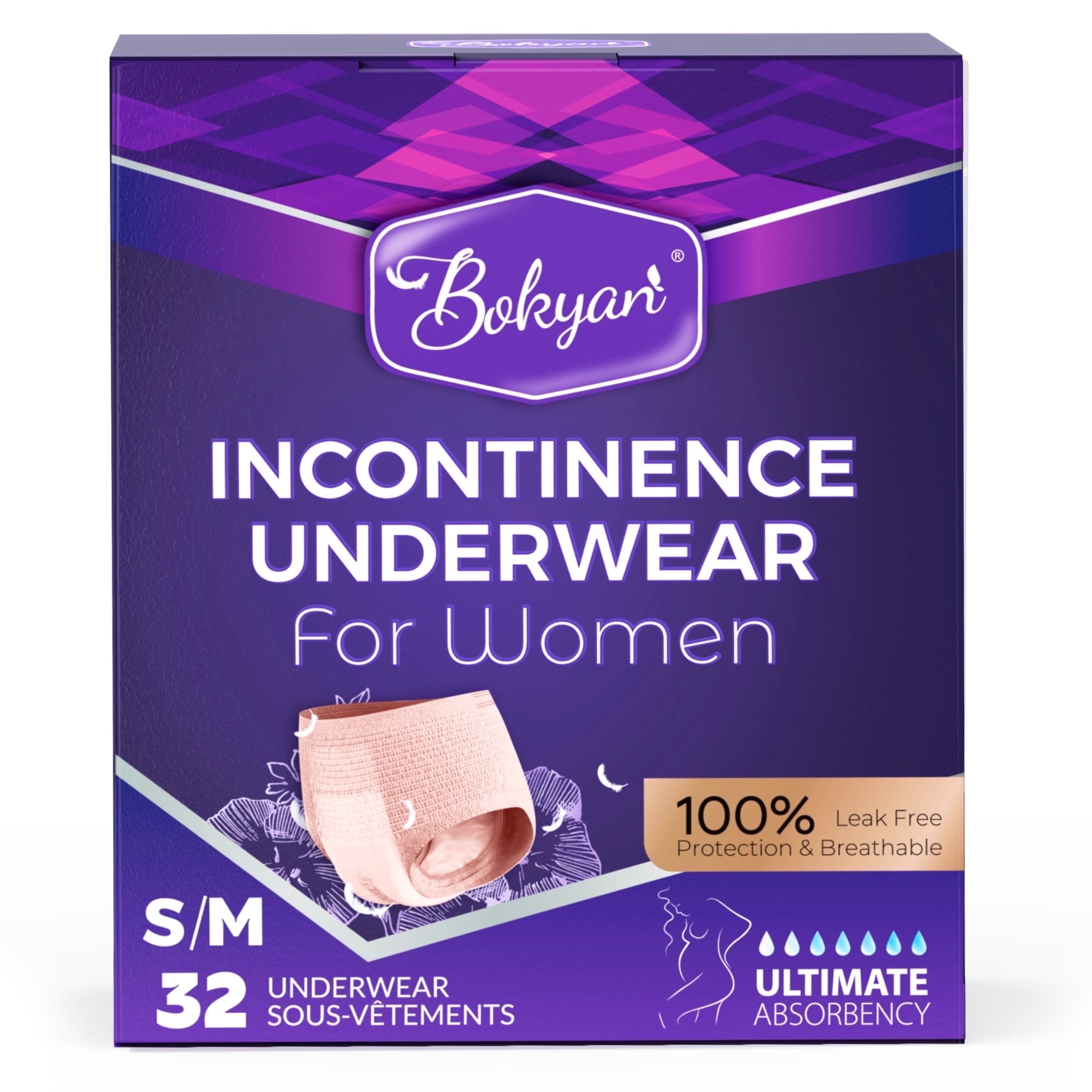 BOKYAN Incontinence Underwear for Women, Adult Diapers, Postpartum Bladder Leak Underwear, Absorbency, S/M, 32 Ct