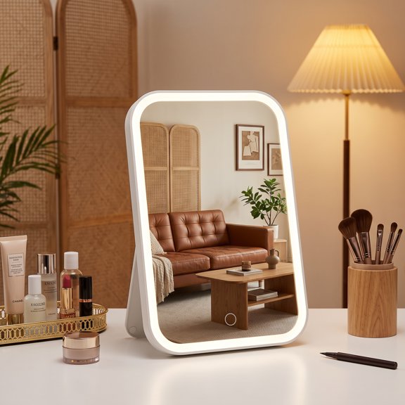 Bokyan LED Makeup Mirror, Touch Control Vanity Mirror with Lights, 90Rotation Stand, 3 Lighting Modes, White