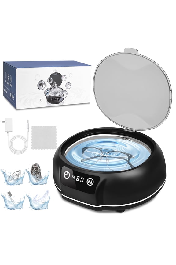 Ultrasonic Jewelry Cleaner, 50 kHz Retainers Cleaner Machine 20 Oz Capacity with 304 Stainless Steel for Necklaces, Eyeglasses, Rings, Dentures, Black
