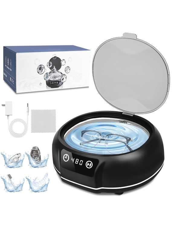 Ultrasonic Jewelry Cleaner, 50 kHz Retainers Cleaner Machine 20 Oz Capacity with 304 Stainless Steel for Necklaces, Eyeglasses, Rings, Dentures, Black