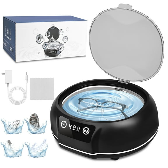 Bokyan Ultrasonic Jewelry Cleaner, 50 kHz Retainers Cleaner Machine 20 Oz Capacity with 304 Stainless Steel for Necklaces, Eyeglasses, Rings, Dentures, Black