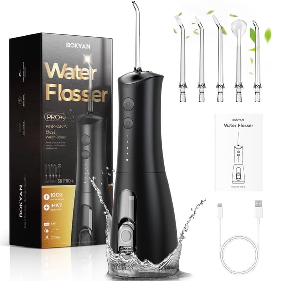 Bokyan Water Dental Flosser for Teeth, 300ml Portable Oral Irrigator, Electric Flossing Cleaner, Black