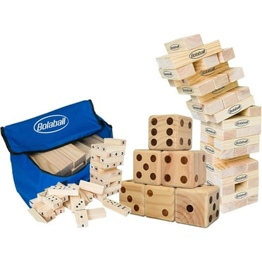 Bolaball: Giant Games Outdoor Activity Set w/ 6 Jumbo Dice, 45 Tumbling Blocks & 28 Dominoes