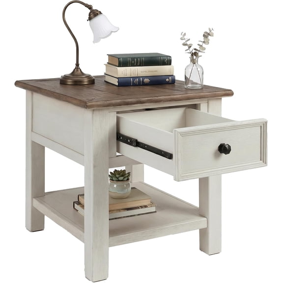 Bolanburg End Table for Living Room, Two-Tone Distressed Wood Side Table with Smooth-Gliding Drawer, Farmhouse Plank-Style Top, Ideal Night Stand Use, Antique White/Oak