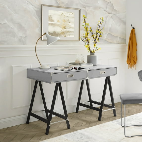 Bolanie Writing Desk - 2 Drawers, Hight Gloss Lacquer Finish, Powder Coated Base, Light Grey