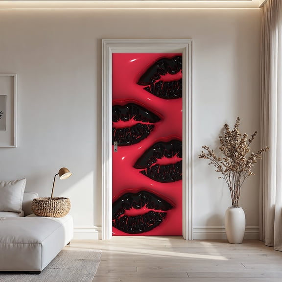 Bold 3D Black Lips on Red Door Sticker, Glam Pop Art Door Mural Decal for Bedroom & Dorm