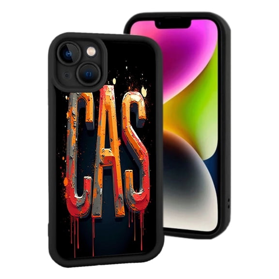 Bold 3D ' CAS ' Design iPhone 15 Case - Lightweight Yellowing Resistant Textured Orange & Red Letters on Dark Background