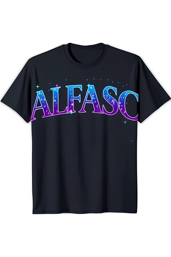 Bold ALFASc Graphic Black T-Shirt with Colorful Gradient Font & Star Design Neck Short Sleeve Tee