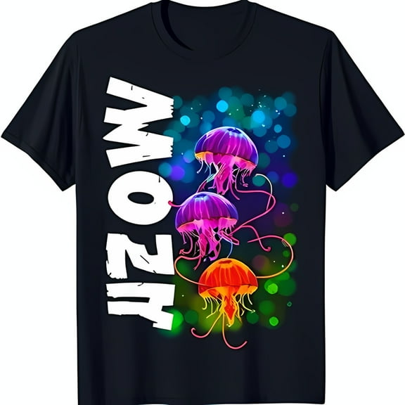 Bold 'AZOW' Graphic Black T-Shirt with Glowing Jellyfish Design