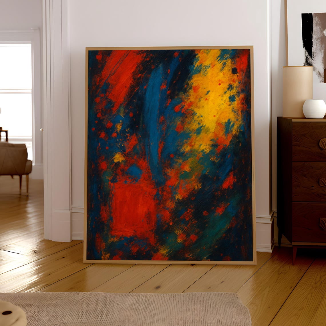 Bold Abstract Art, Red Blue Yellow Tachisme Wall Art, Modern Home Decor ...
