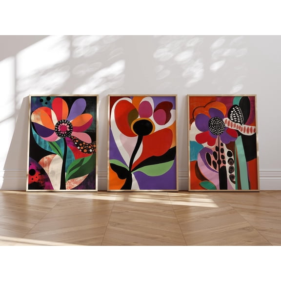 Bold Abstract Flowers Bright Eclectic Wall Art Maximalist Decor Vibrant Floral Prints Set 3 Unframed Paper Print 8x12