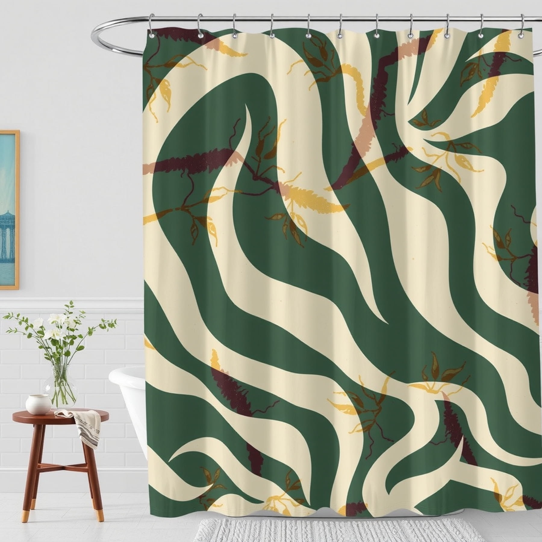 Bold Abstract Shower Curtain Deep Green Cream With Leaf Pattern