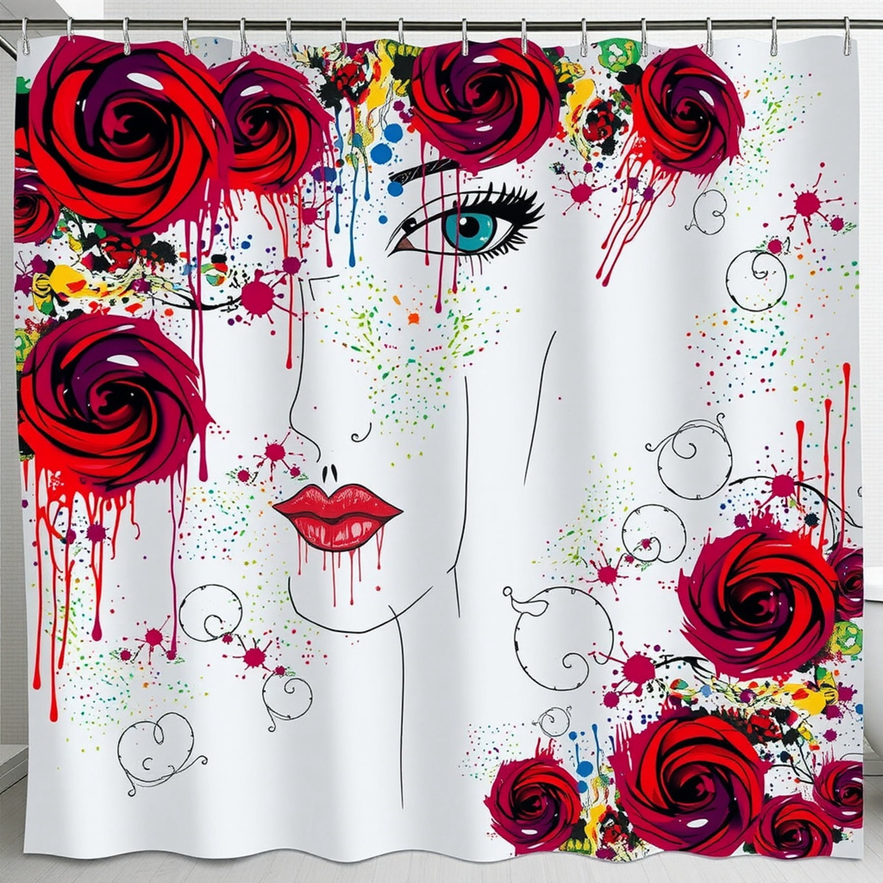 Bold Abstract Shower Curtain with Stylized Female Face & Roses ...