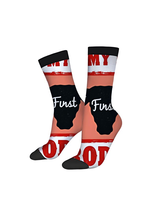 Bold African continent silhouette socks with " First " in cursive vibrant orange - red gradient unisex trendy design 2 pairs