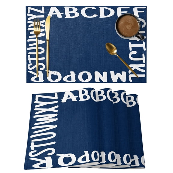Bold Alphabet Cotton Linen Placemats Set of 12, Modern Nautical Letters Dark Blue Washable Table Place Mats Heat Insulating Placemat for Dining Room Kitchen Daily Use 13 x 19 Inch