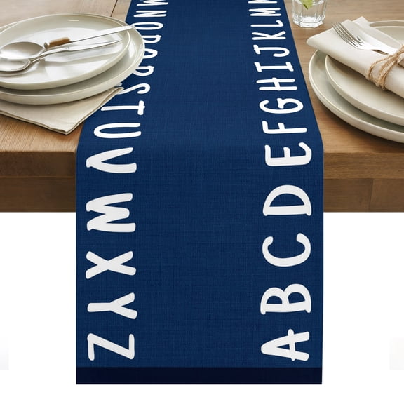 Bold Alphabet Cotton Linen Table Runner Modern Nautical Letters Dark Blue Dining Table Runners for Home Decor Party Dining Room Restaurant Kitchen Party 13" x 48"