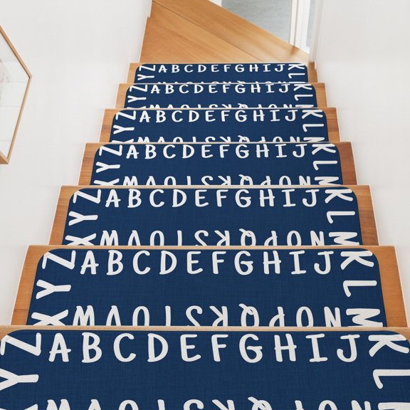 Bold Alphabet Stair Treads Non Slip for Steps Modern Nautical Letters Dark Blue 4 Pcs Reusable Adhesive Stair Runner Mats for Dogs Elders Carpet Treads Rugs for Staircase 8x30 In