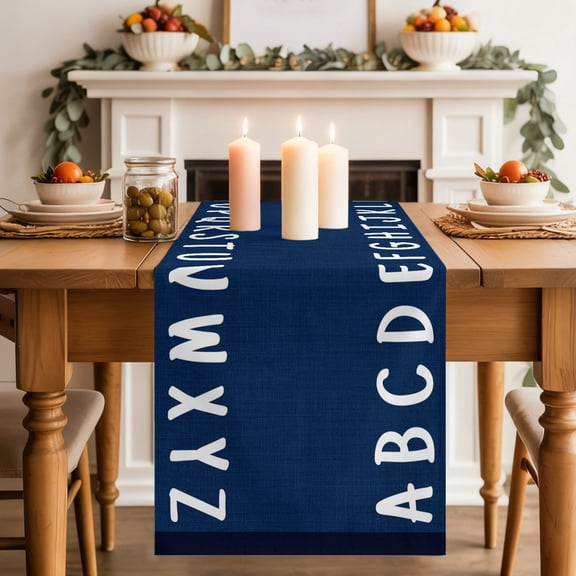 Bold Alphabet Table Runner 13x48 Inch Modern Nautical Letters Dark Blue Cotton Linen Dining Table Runner Ideal for Dresser Kitchen Coffee Tables - Machine Washable