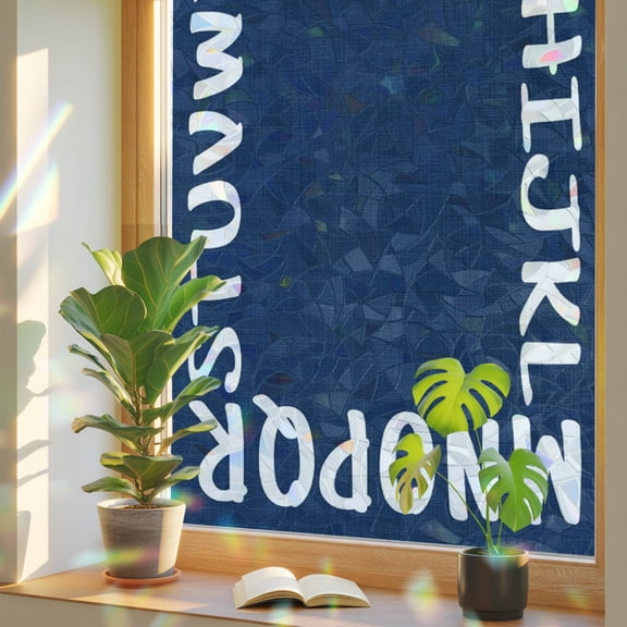 Bold Alphabet Window Privacy Film, Modern Nautical Letters Dark Blue Stained Glass Rainbow Film Decorative Window Clings, Static Cling Sun Blocking Stickers 17.7" x 39.3"