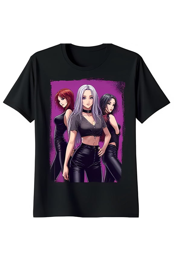 Bold Anime Women in Black Striking Graphic Tee for Confident Style
