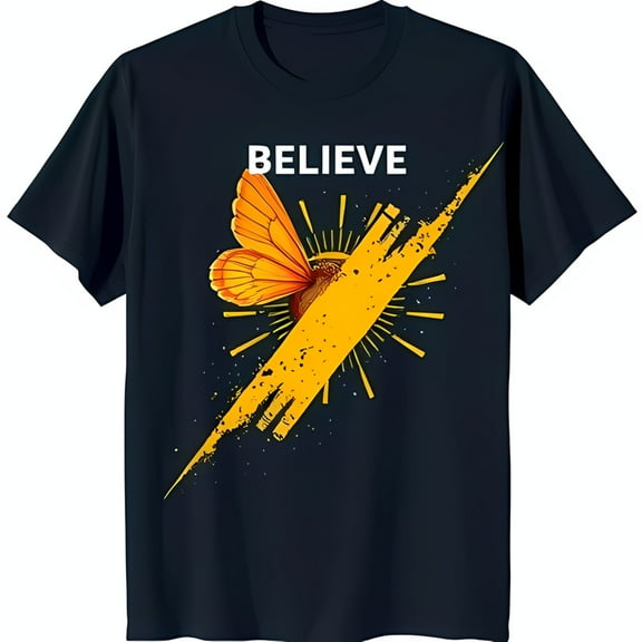 Bold 'BELIEVE' Graphic with & Butterfly on Black T-Shirt