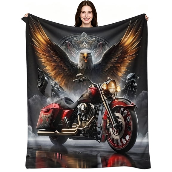 Bold Bald Eagle Biker Motorcycle Pattern, Soft Warm Flannel Fleece, Vintage Biker Motorcycle, Throw Blanket, Cozy Warm, Home Decor, Couch Sofa Bed, Animal Gift