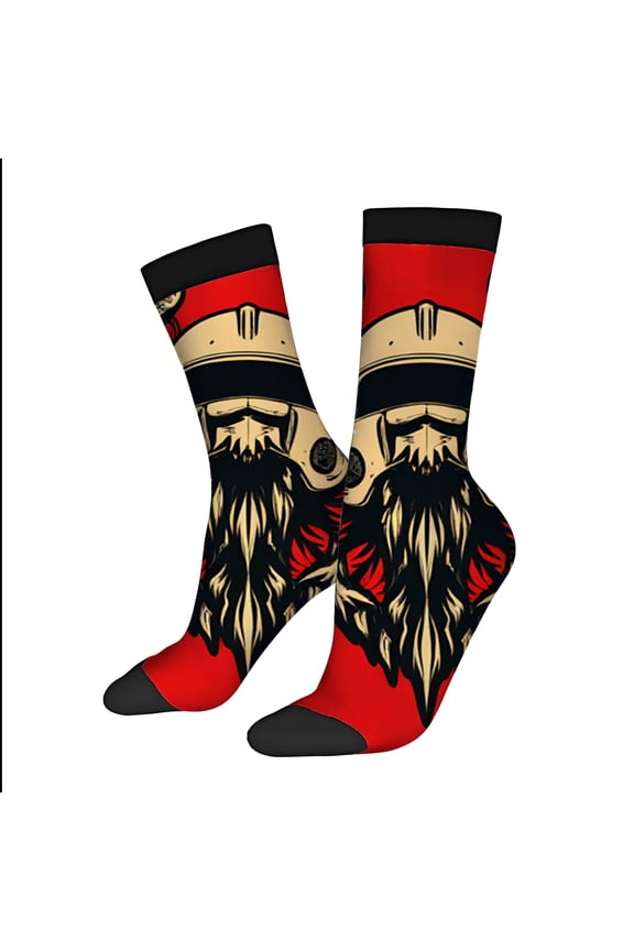 Bold Bearded Figure Design Socks - 2 Pairs of Unisex Trendy Mixed Color Socks with Eye - Catching Red and Beige Patterns