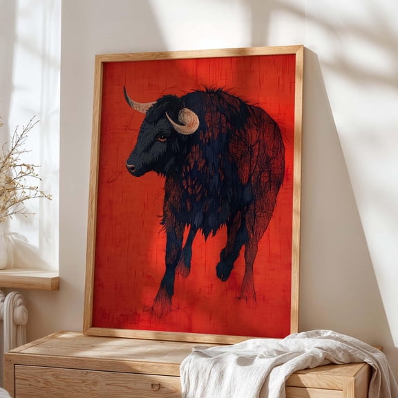 Bold Bison Buffalo Wall Art Print, Red Western Statement, Rustic Lodge, Living Room And Gallery Wall Decor