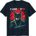 Bold Black Cat Graphic TShirt with Striking Red Eyes & Sun Design