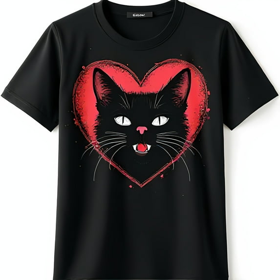 Bold Black Cat in Red Heart Graphic T-Shirt with Vintage Charm Eye Catching Design