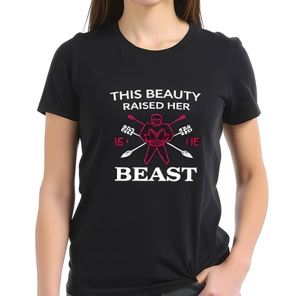 Bold Black Cotton Short Sleeve T-Shirt with " THIS BEAUTY RAISED HER BEAST " Graphic Strong Illustrated Character & Playful Design