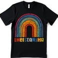 thumbnail image 1 of Bold Black Crewneck T-Shirt with Colorful Patchwork Rainbow Graphic & THEISTORIC Print, 1 of 5