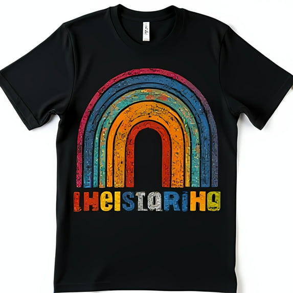 Bold Black Crewneck T-Shirt with Colorful Patchwork Rainbow Graphic & THEISTORIC Print