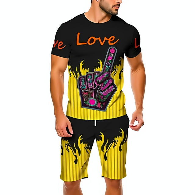 Bold Black #39 Love #39 Graphic Tee with Colorful Finger Yellow Striped
