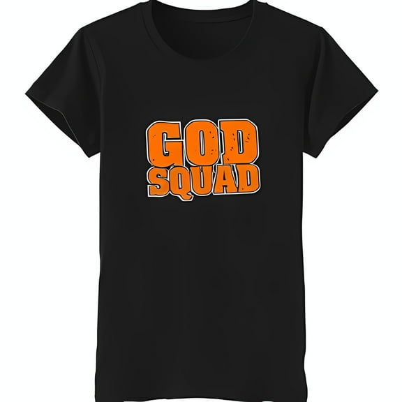 Bold Black Neck T-Shirt with Bright 'GOD SQUAD' Design Short Sleeve Graphic Tee