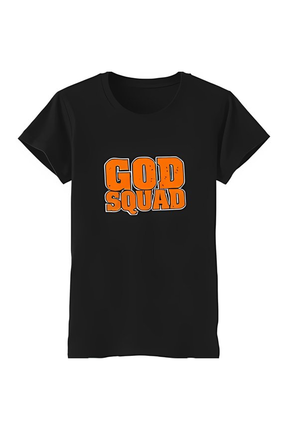 Bold Black Neck T-Shirt with Bright 'GOD SQUAD' Design Short Sleeve Graphic Tee