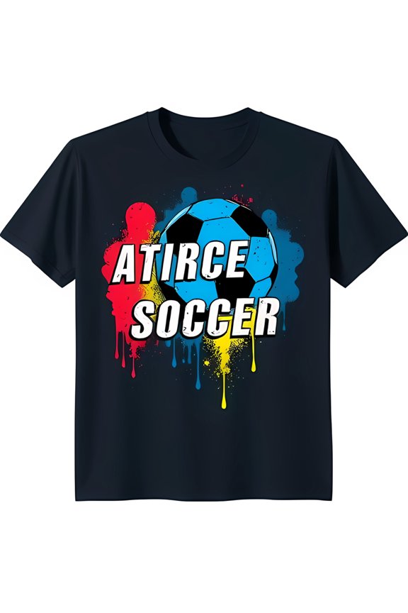 Bold Black Neck T-Shirt with Colorful 'ATIRCE SOCCER' Graphic