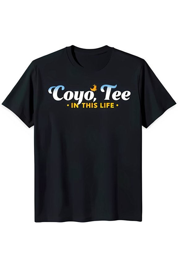Bold Black Neck T-Shirt with Colorful 'Coyo Tee' Graphic