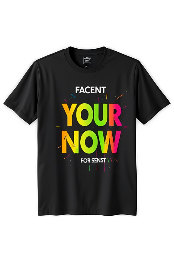 Bold Black Neck T-Shirt with Vibrant 'FACENT YOUR NOW FOR SENST' Graphic Design